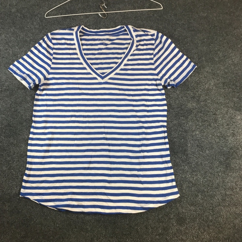 Loft T-Shirt Womens Medium Blue White Striped Cotton V-Neck Pullover Summer Wear